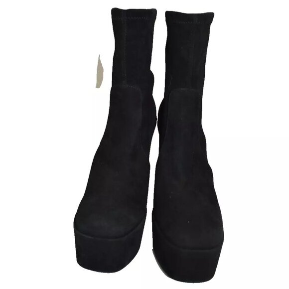 $900 STUART WEITZMAN Skyhigh Stretch Suede Platform Booties BLACK 7.5 (2) (PB27)